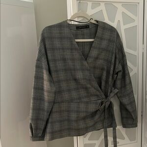 Zara Gray Plaid Wrap Blouse